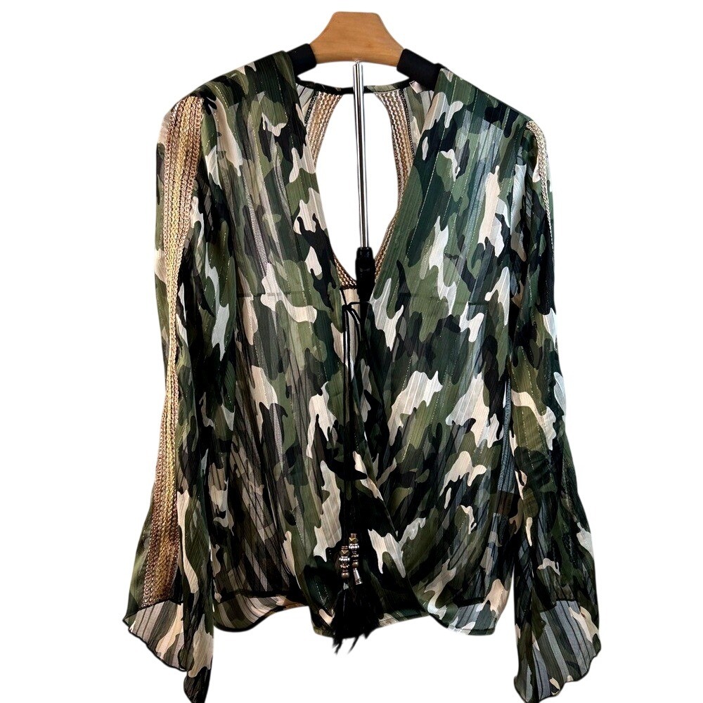 Casting Blouse Camouflage Metallic Gold Lace Open Back Green Women Size S